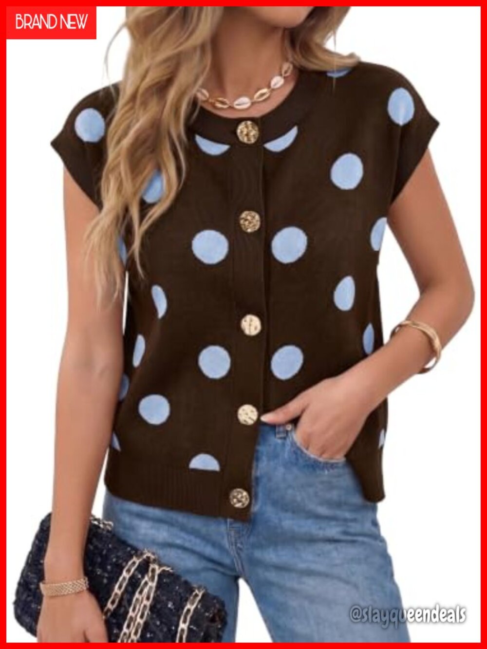 Sweater Vest Cap Sleeve Polka Dot Button Down Ribbed Knit Tank Top